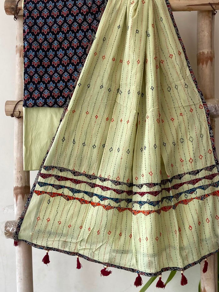 Navy Ajrakh Print Cotton Suit — 3-Piece with Pistachio Hand-Kantha Dupatta