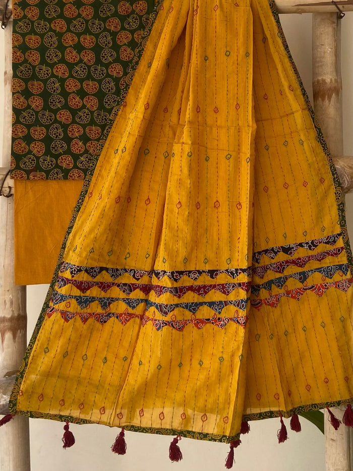 Dark Olive Ajrakh Print Cotton Suit — 3-Piece with Marigold Hand-Kantha Dupatta