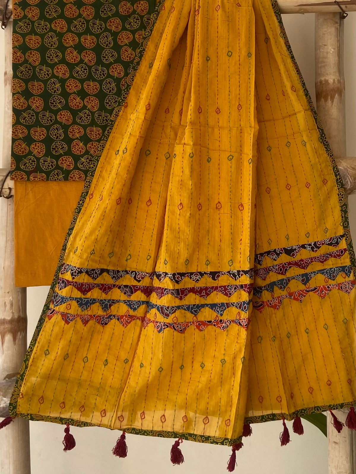 Dark Olive Ajrakh Print Cotton Suit — 3-Piece with Marigold Hand-Kantha Dupatta