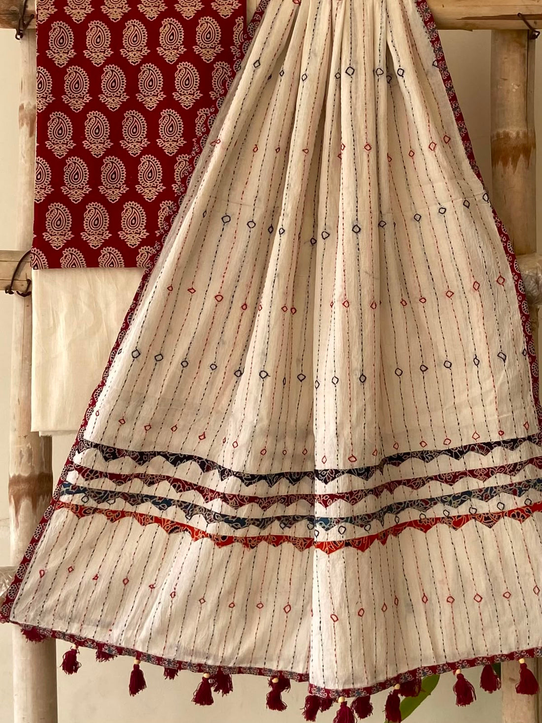 Bright Red Ajrakh Print Cotton Suit — Cream Paisley, 3-Piece with Hand-Kantha Ivory Dupatta