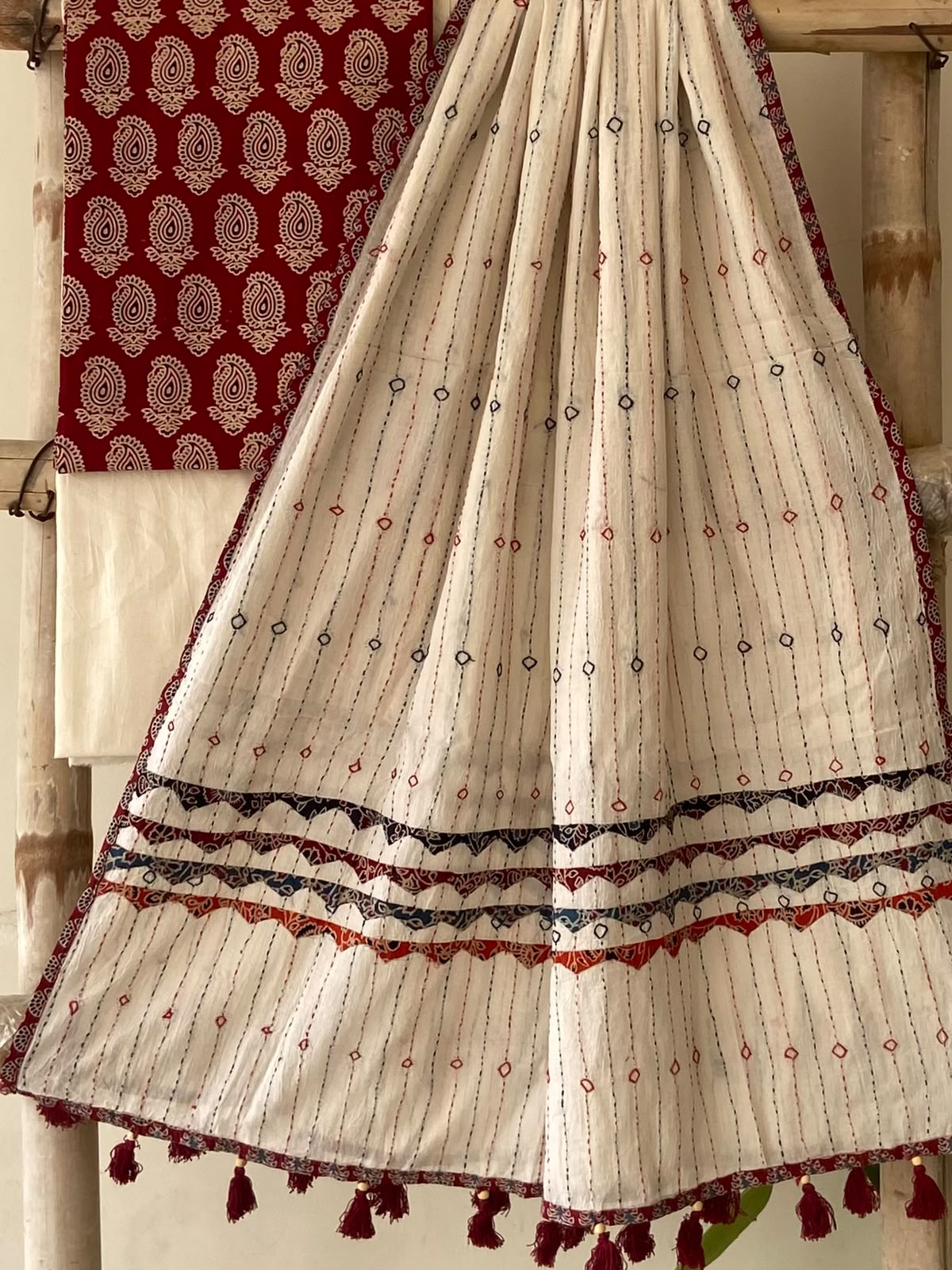 Bright Red Ajrakh Print Cotton Suit — Cream Paisley, 3-Piece with Hand-Kantha Ivory Dupatta