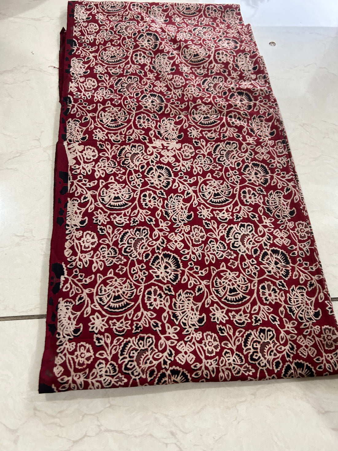 Crimson Ajrakh Print Cotton Suit — White Floral Jaal, 3-Piece with Peach Hand-Kantha Dupatta
