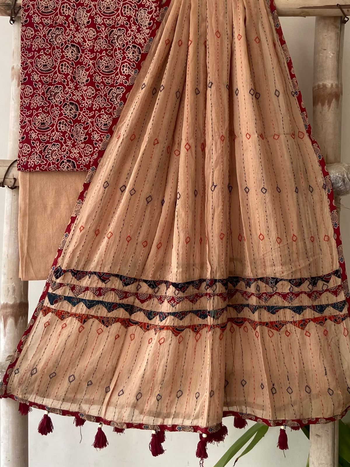 Crimson Ajrakh Print Cotton Suit — White Floral Jaal, 3-Piece with Peach Hand-Kantha Dupatta