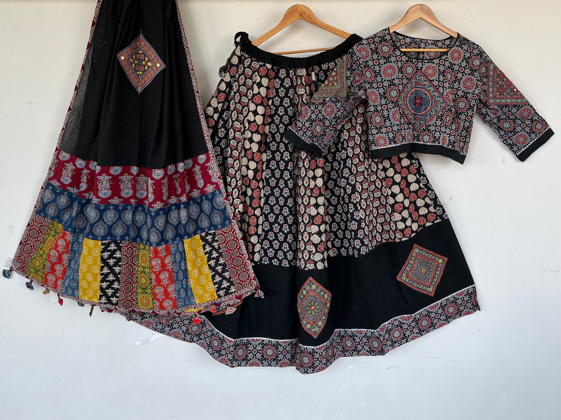 Black Ajrakh Patchwork Chaniya Choli — Ready-Stitched Navratri Lehenga Set