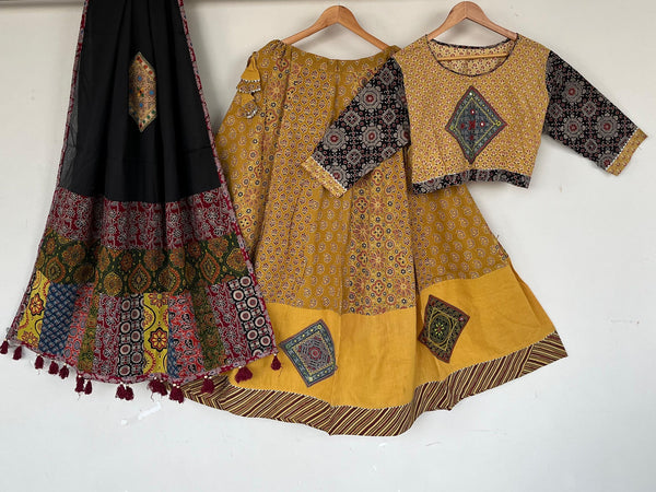 Mustard Ajrakh Patchwork Chaniya Choli — Ready-Stitched Navratri Lehenga Set