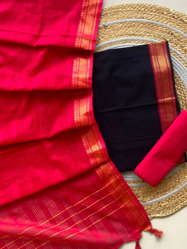 Rani Pink Mangalagiri Handloom Cotton Suit — 3-Piece with Black Top and Gold Zari Border