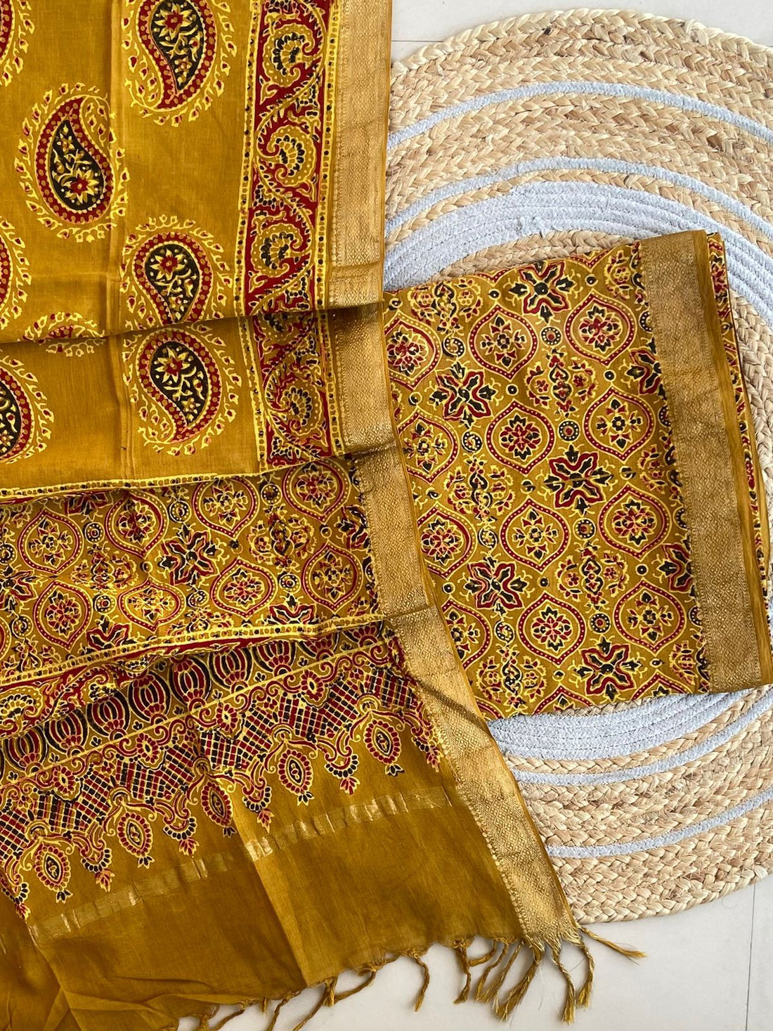 Mustard Gold Ajrakh Mangalagiri Cotton Set — 2-Piece with Zari Border Dupatta