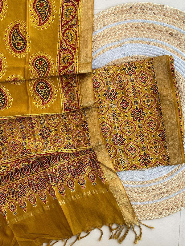 Mustard Gold Ajrakh Mangalagiri Cotton Set — 2-Piece with Zari Border Dupatta