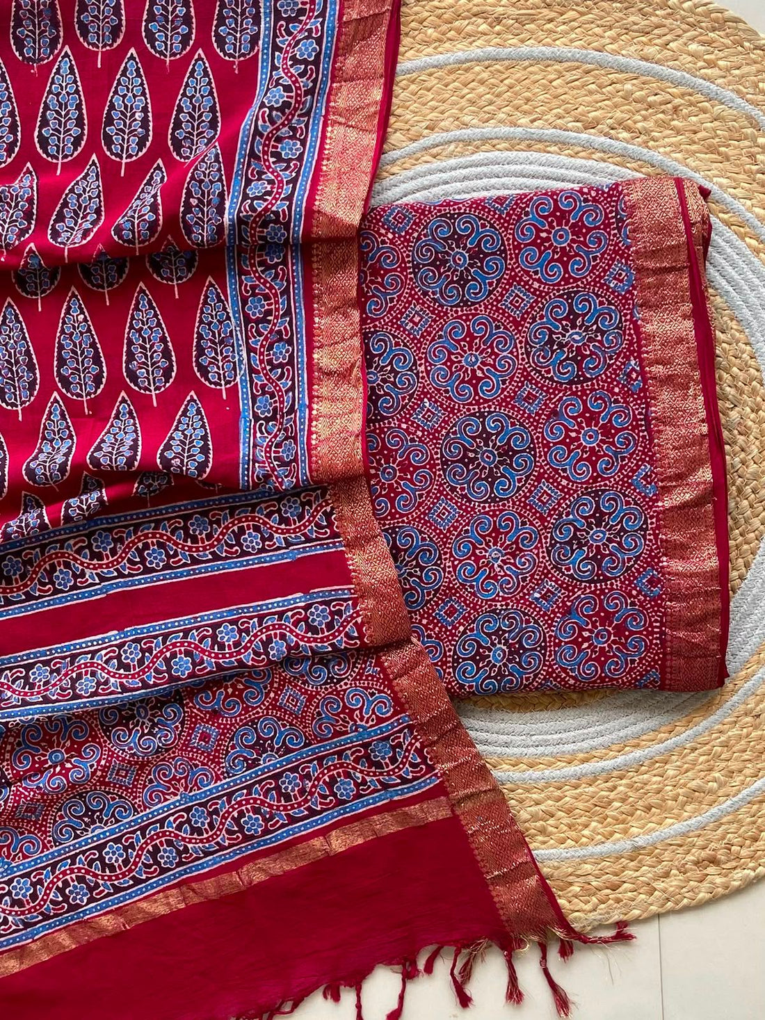 Red Pink Ajrakh Mangalagiri Cotton Set — 2-Piece with Zari Border Dupatta