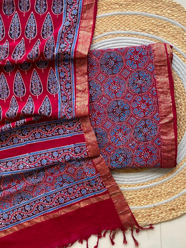 Red Pink Ajrakh Mangalagiri Cotton Set — 2-Piece with Zari Border Dupatta