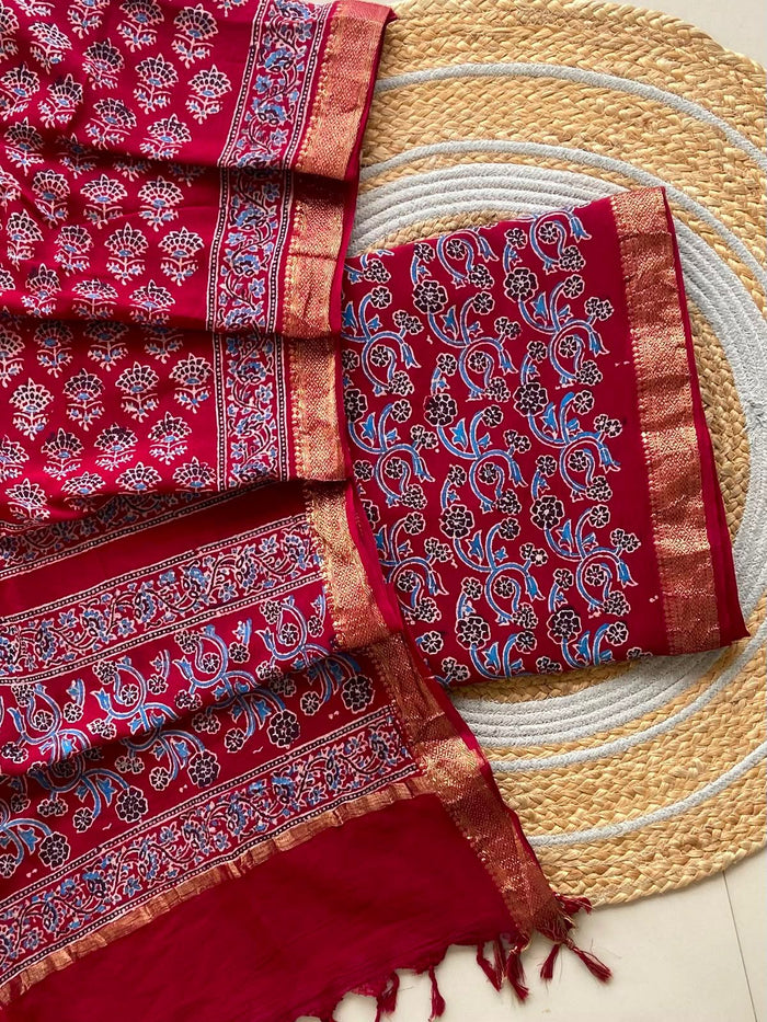 Red Ajrakh Mangalagiri Cotton Set — 2-Piece with Blue Paisley Top and Zari Border