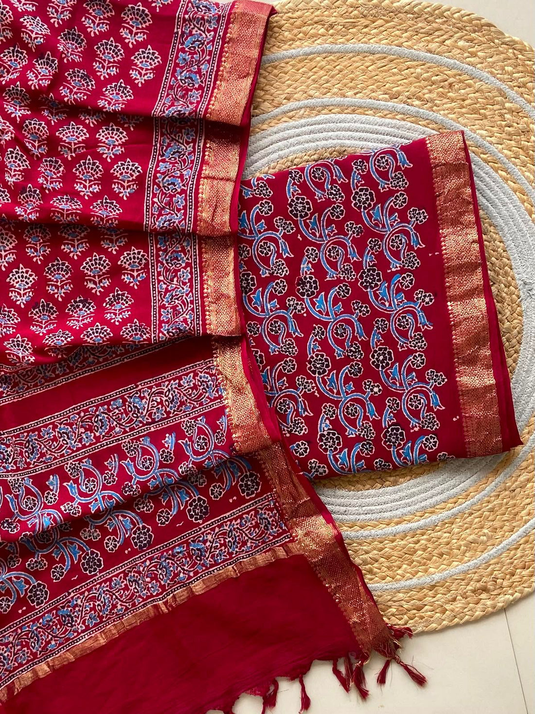 Red Ajrakh Mangalagiri Cotton Set — 2-Piece with Blue Paisley Top and Zari Border