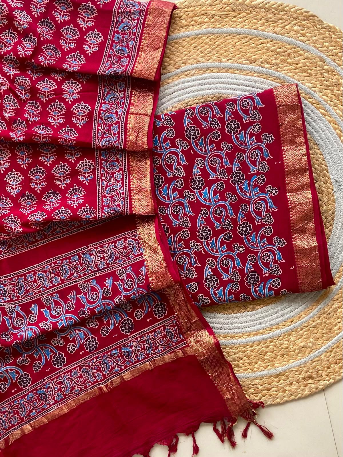 Red Ajrakh Mangalagiri Cotton Set — 2-Piece with Blue Paisley Top and Zari Border