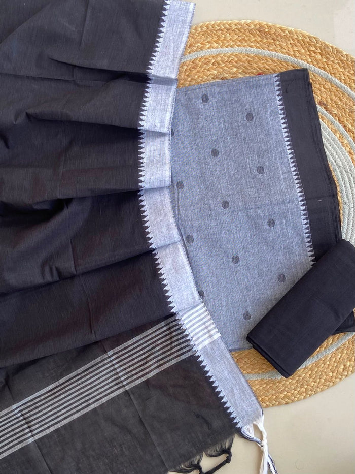 Charcoal Handloom South Cotton Suit — 3-Piece with Blue Grey Blouse and Temple Border