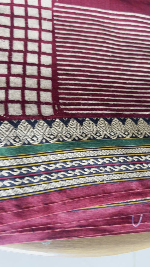 Pallu of Teal Narayanpet saree — checks and stripes with green and gold woven border