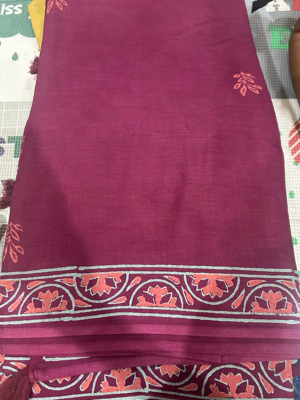 Wine Mulmul Cotton Saree — Orange Lotus Block-Print Border