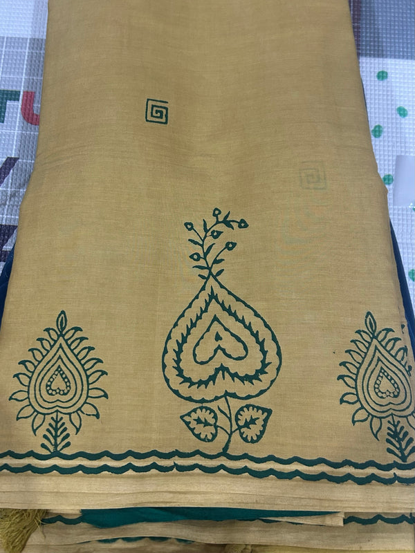 Yellow & Green Mulmul Cotton Saree — Green Paisley Motifs