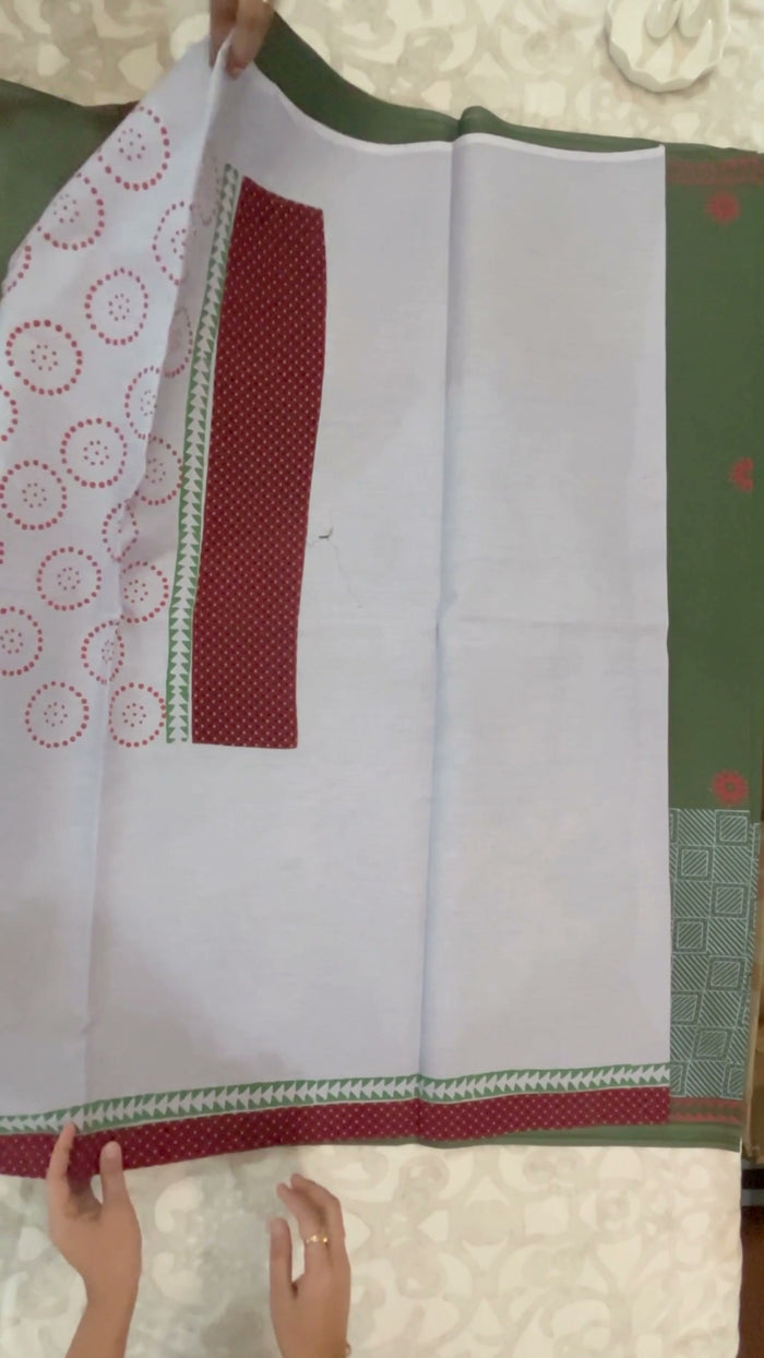Sage Green Cotton Block-Print Saree