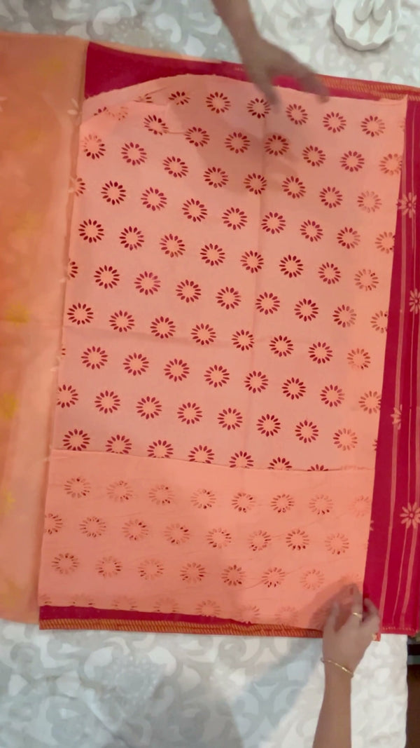 Coral Red Cotton Block-Print Saree