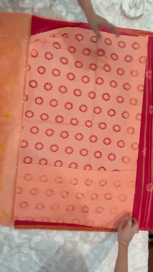 Coral red cotton block-print saree