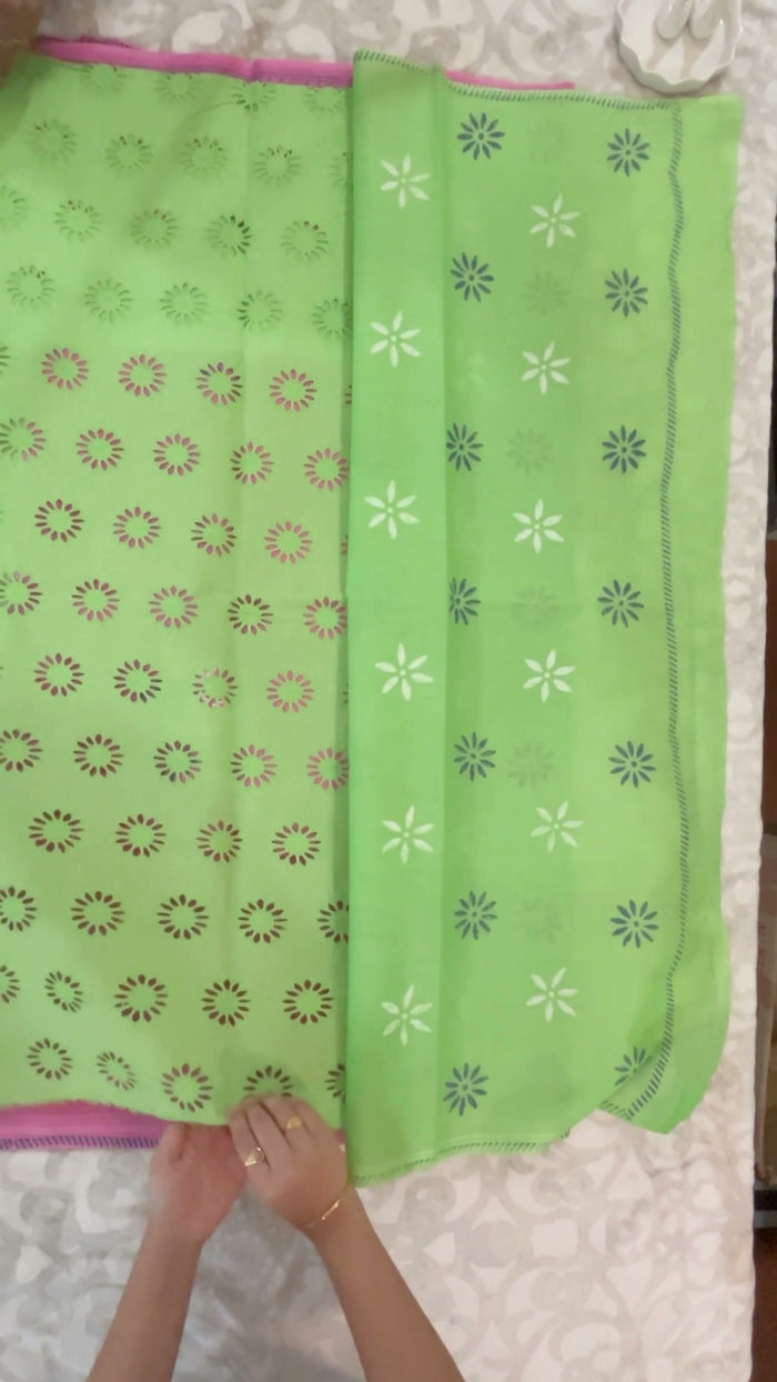 Lime Green Cotton Block-Print Saree